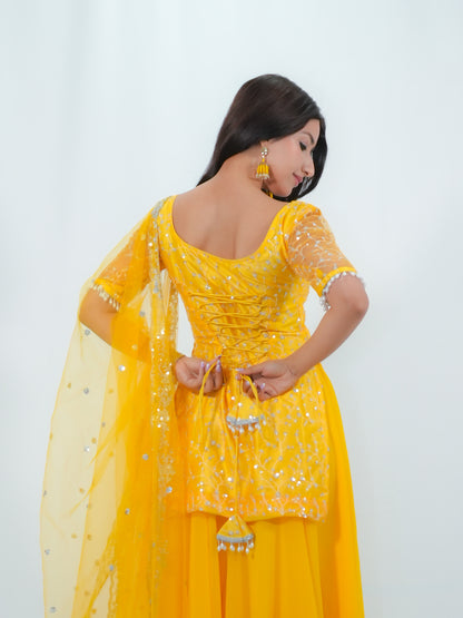 Sunshine Yellow Net Kurtha Sharara Set with Georgette Suruwal & Dupatta | Festive Wear