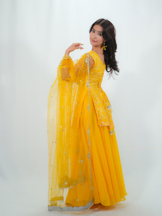 Sunshine Yellow Net Kurtha Sharara Set with Georgette Suruwal & Dupatta | Festive Wear image 2