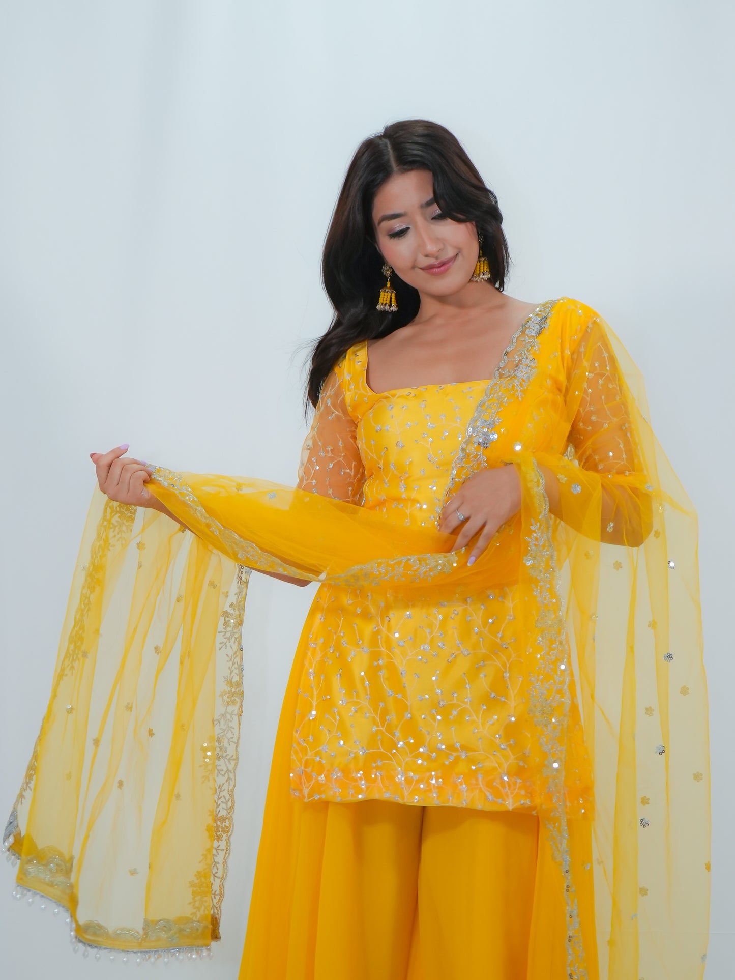 Sunshine Yellow Net Kurtha Sharara Set with Georgette Suruwal & Dupatta | Festive Wear