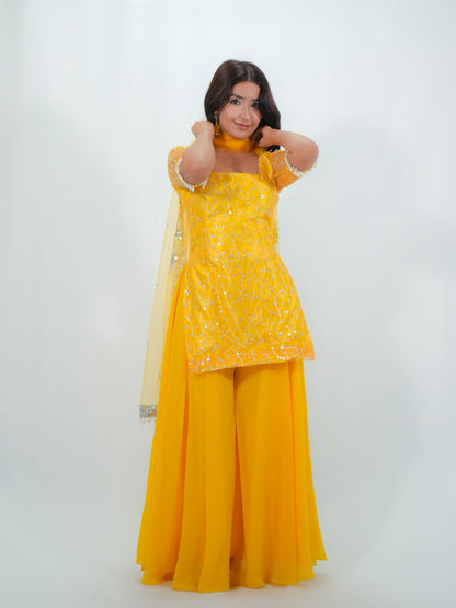 Sunshine Yellow Net Kurtha Sharara Set with Georgette Suruwal & Dupatta | Festive Wear