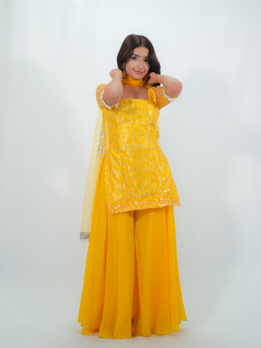 Sunshine Yellow Net Kurtha Sharara Set with Georgette Suruwal & Dupatta | Festive Wear image 3