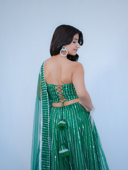 Green Sequins Net Lehenga Choli with Dupatta Bridal & Party Wear Set