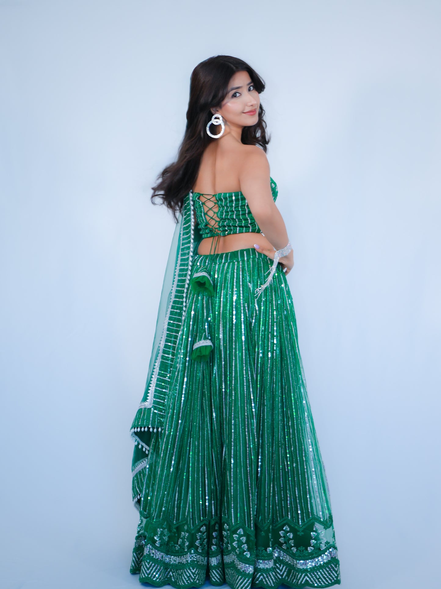 Green Sequins Net Lehenga Choli with Dupatta Bridal & Party Wear Set