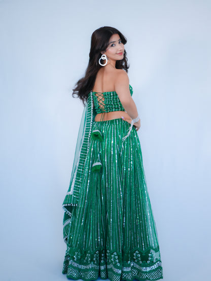 Green Sequins Net Lehenga Choli with Dupatta Bridal & Party Wear Set