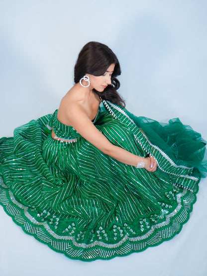 Green Sequins Net Lehenga Choli with Dupatta Bridal & Party Wear Set