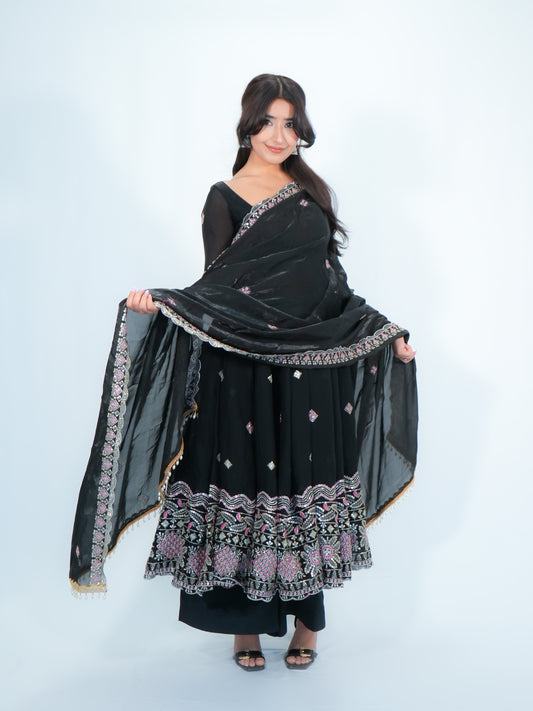 Black Embroidered Anarkali Suit with Dupatta & Palazzo Festive Wear Set