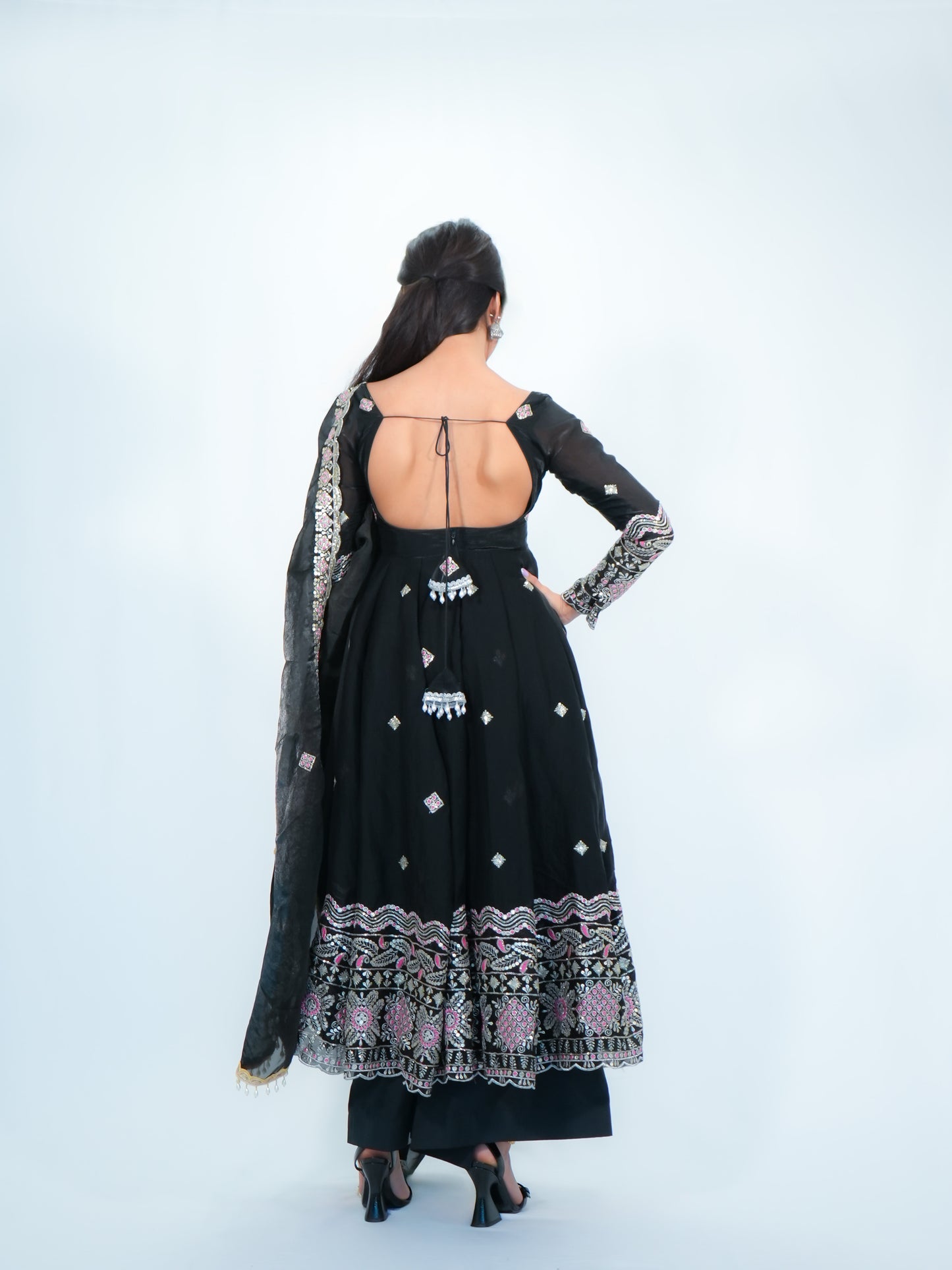 Black Embroidered Anarkali Suit with Dupatta & Palazzo Festive Wear Set