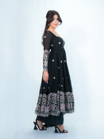 Black Embroidered Anarkali Suit with Dupatta & Palazzo Festive Wear Set