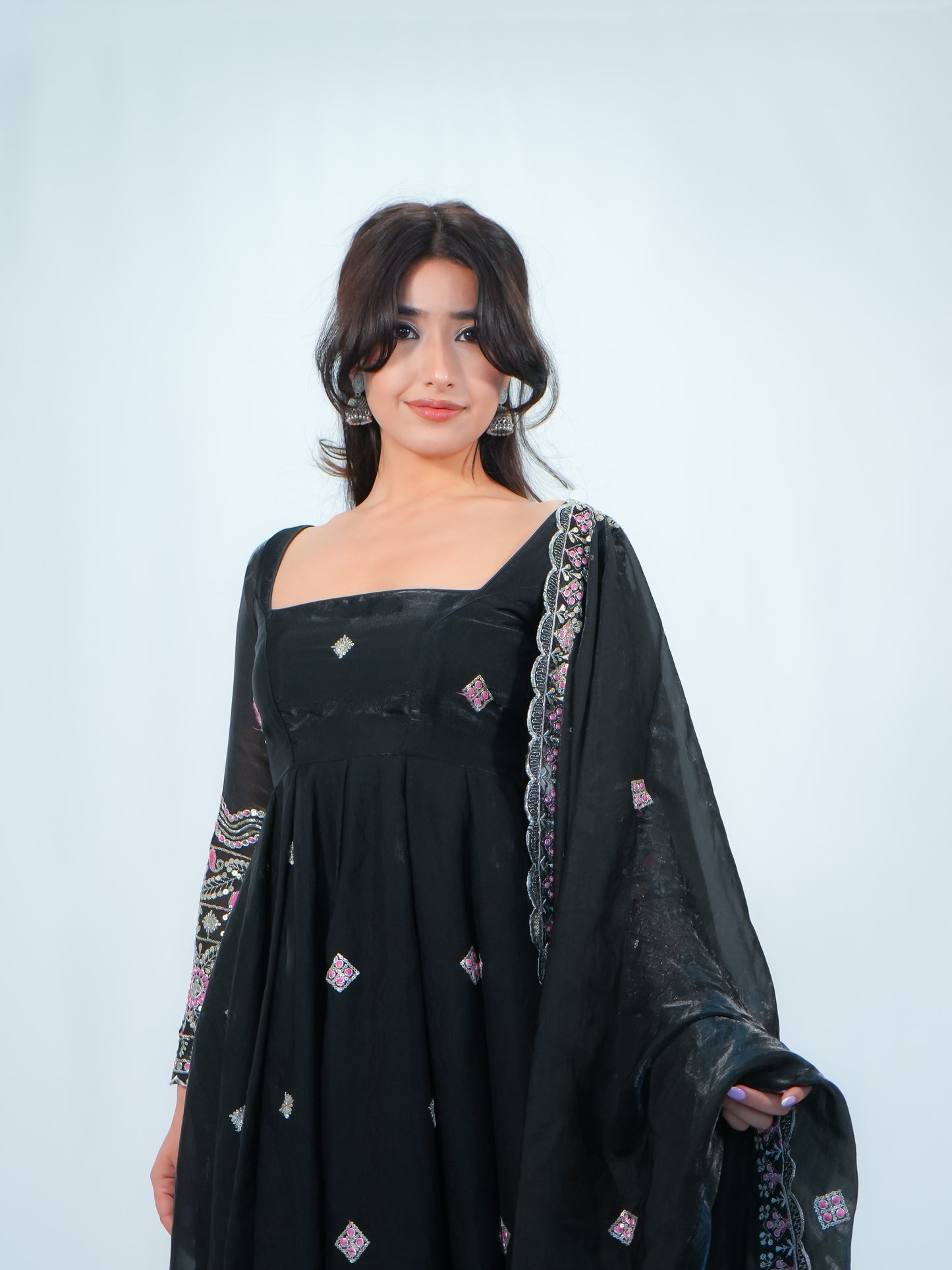 Black Embroidered Anarkali Suit with Dupatta & Palazzo Festive Wear Set