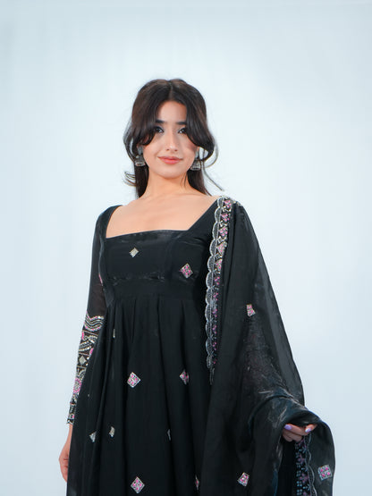 Black Embroidered Anarkali Suit with Dupatta & Palazzo Festive Wear Set