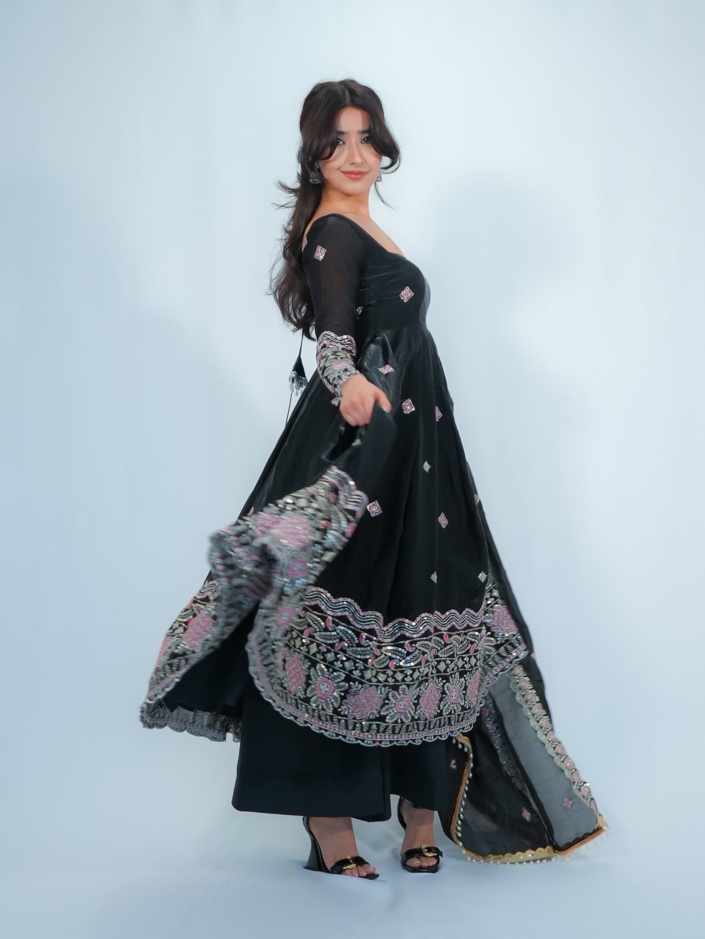 Black Embroidered Anarkali Suit with Dupatta & Palazzo Festive Wear Set