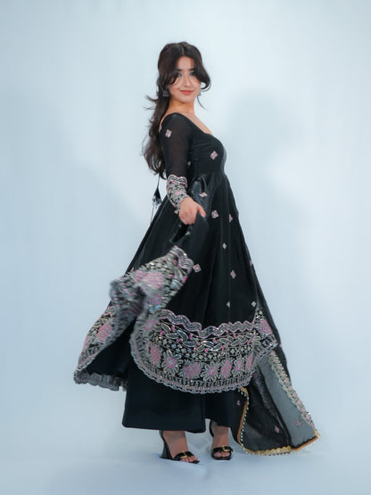 Black Embroidered Anarkali Suit with Dupatta & Palazzo Festive Wear Set