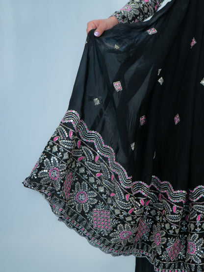 Black Embroidered Anarkali Suit with Dupatta & Palazzo Festive Wear Set