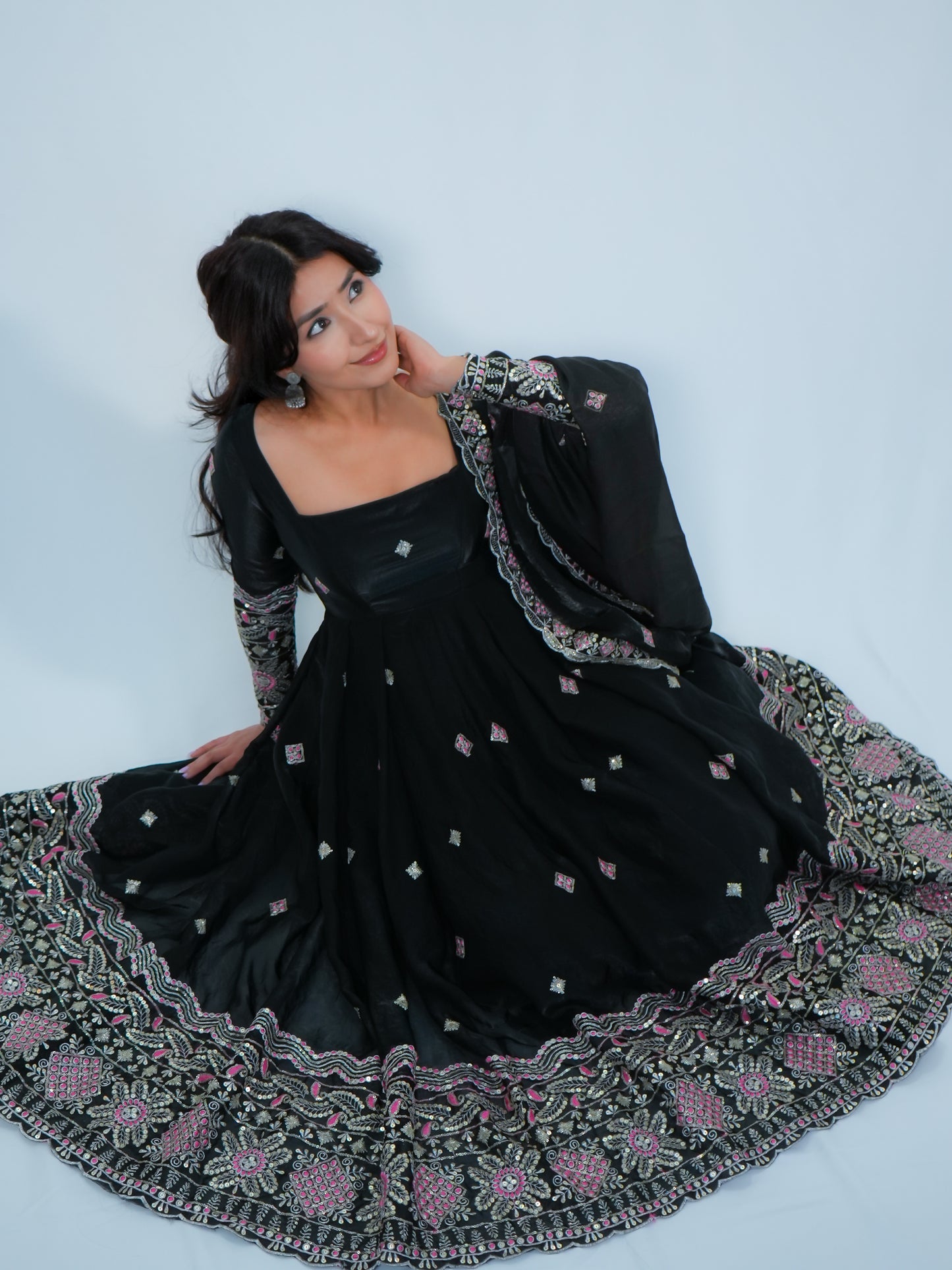 Black Embroidered Anarkali Suit with Dupatta & Palazzo Festive Wear Set