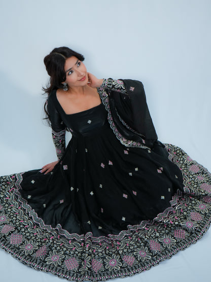 Black Embroidered Anarkali Suit with Dupatta & Palazzo Festive Wear Set