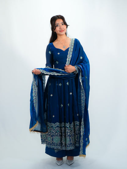 Royal blue Embroidered Anarkali Suit with Dupatta & Palazzo Festive Wear Set