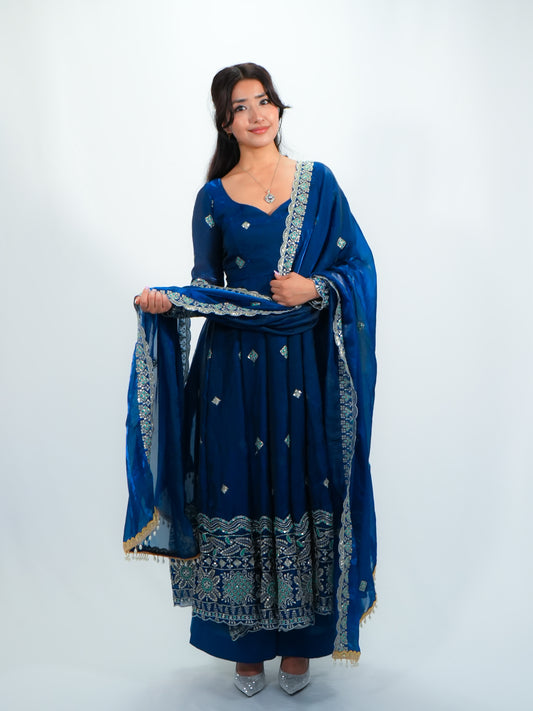 Royal blue Embroidered Anarkali Suit with Dupatta & Palazzo Festive Wear Set