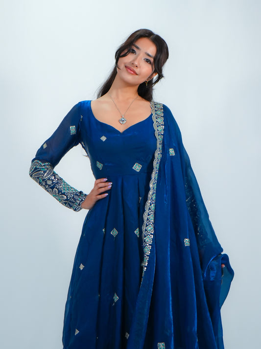 Royal blue Embroidered Anarkali Suit with Dupatta & Palazzo Festive Wear Set image 3