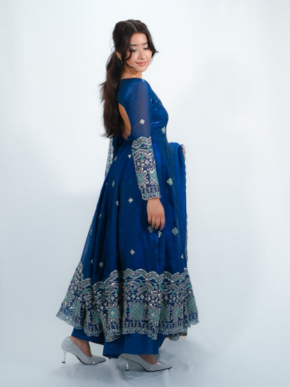 Royal blue Embroidered Anarkali Suit with Dupatta & Palazzo Festive Wear Set