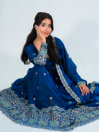 Royal blue Embroidered Anarkali Suit with Dupatta & Palazzo Festive Wear Set