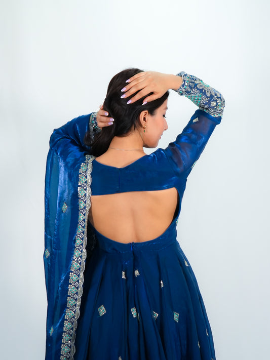 Royal blue Embroidered Anarkali Suit with Dupatta & Palazzo Festive Wear Set image 2