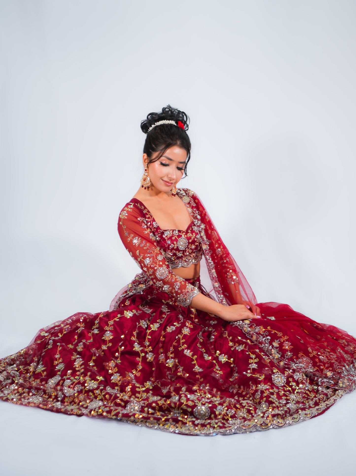 Maroon Net Bridal Lehenga Choli with Sequins & Stone Embroidery Dupatta