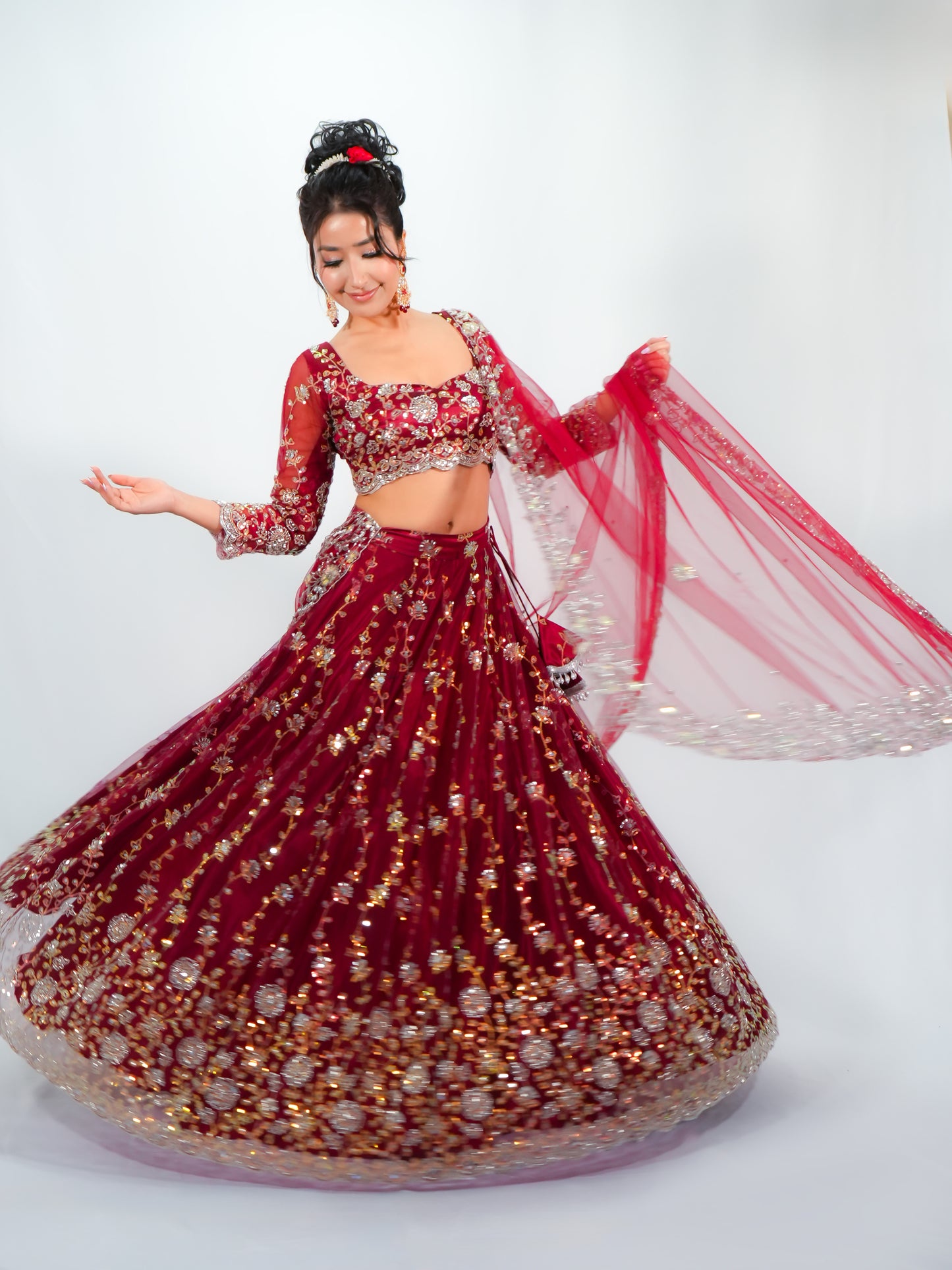 Maroon Net Bridal Lehenga Choli with Sequins & Stone Embroidery Dupatta