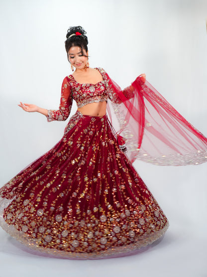 Maroon Net Bridal Lehenga Choli with Sequins & Stone Embroidery Dupatta