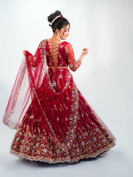 Maroon Net Bridal Lehenga Choli with Sequins & Stone Embroidery Dupatta image 2