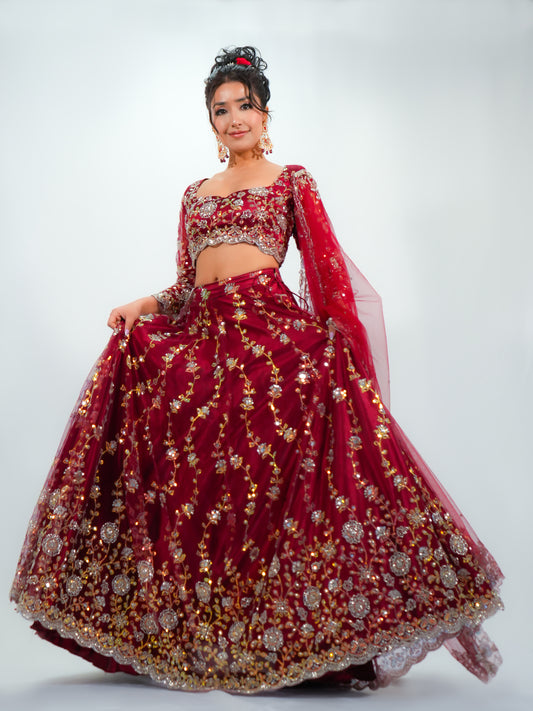 Maroon Net Bridal Lehenga Choli with Sequins & Stone Embroidery Dupatta