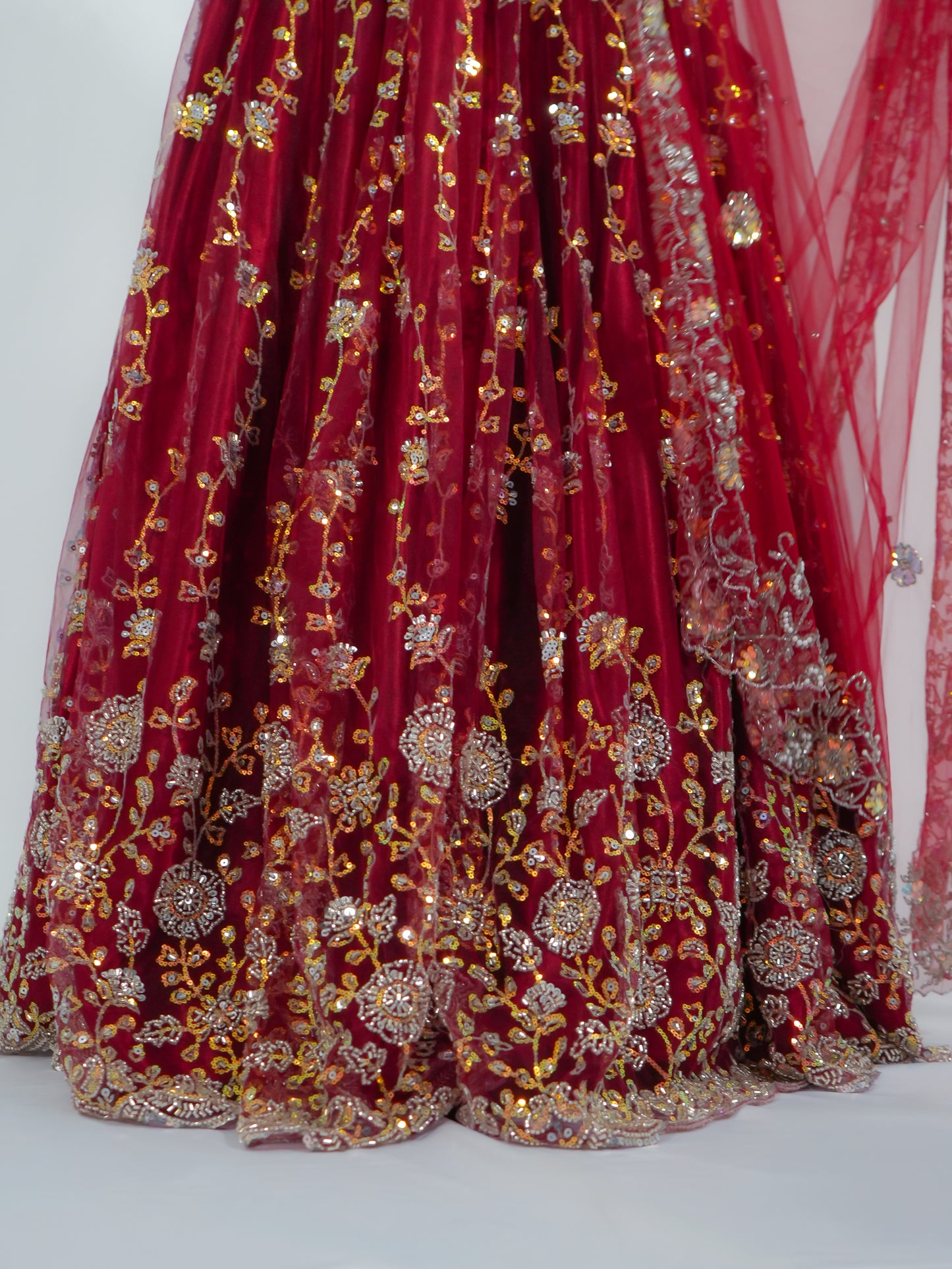 Maroon Net Bridal Lehenga Choli with Sequins & Stone Embroidery Dupatta