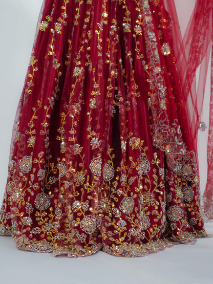 Maroon Net Bridal Lehenga Choli with Sequins & Stone Embroidery Dupatta