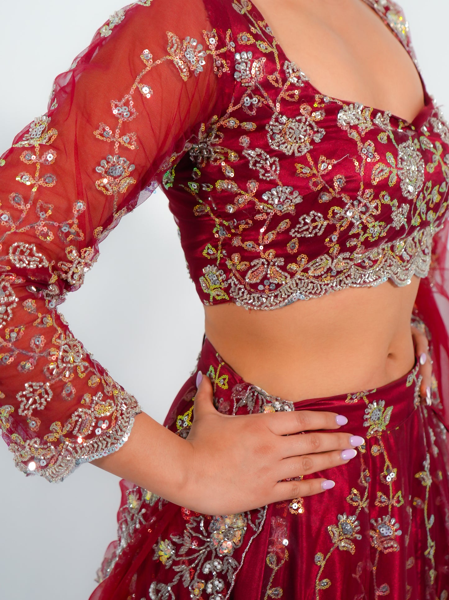 Maroon Net Bridal Lehenga Choli with Sequins & Stone Embroidery Dupatta