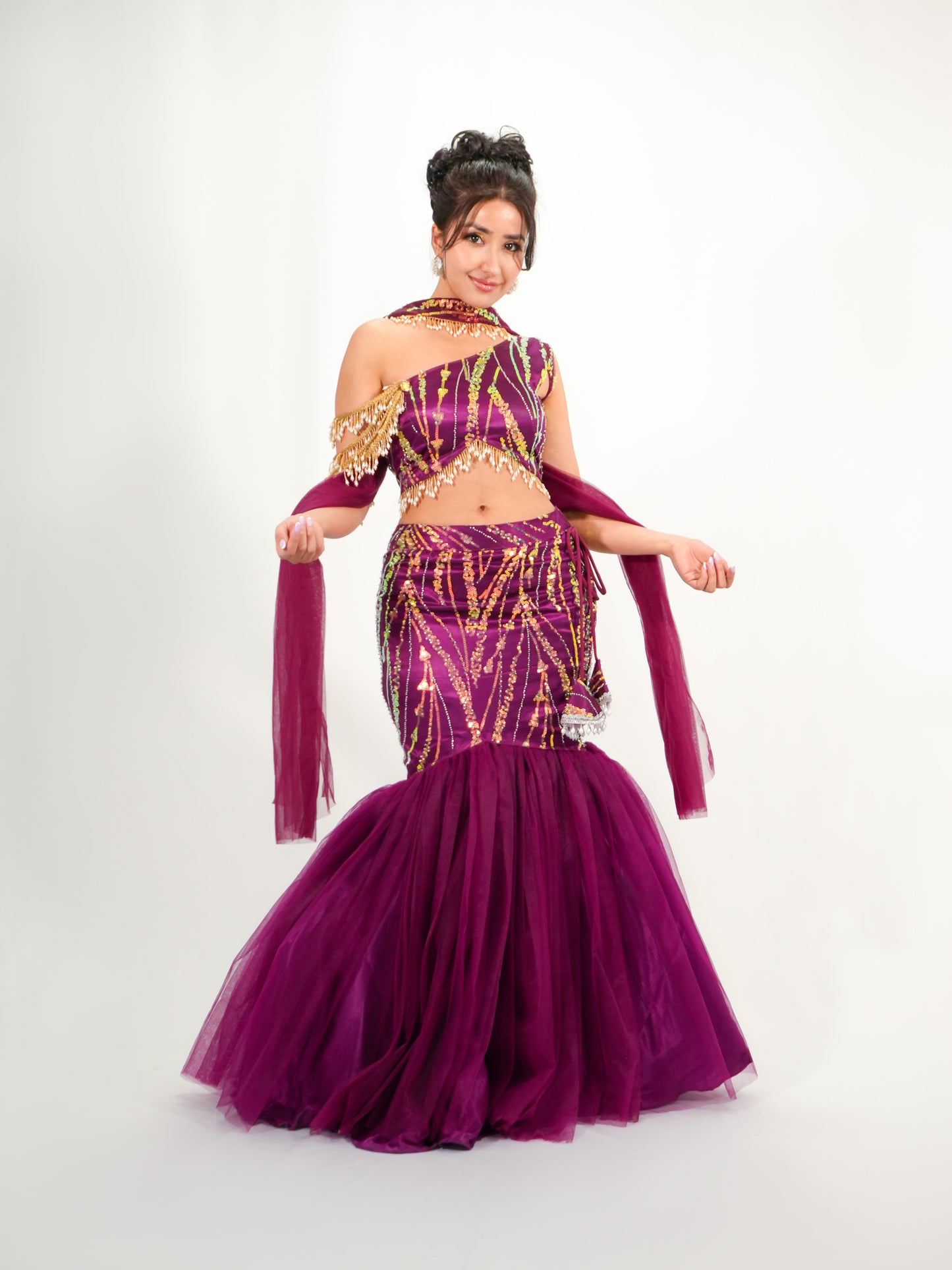 Plum Purple Mermaid Lehenga with Sequins & Cut Dana Embroidery Net Set