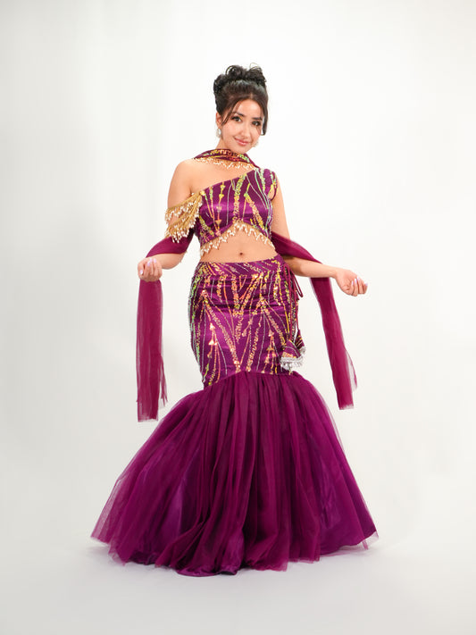 Plum Purple Mermaid Lehenga with Sequins & Cut Dana Embroidery Net Set
