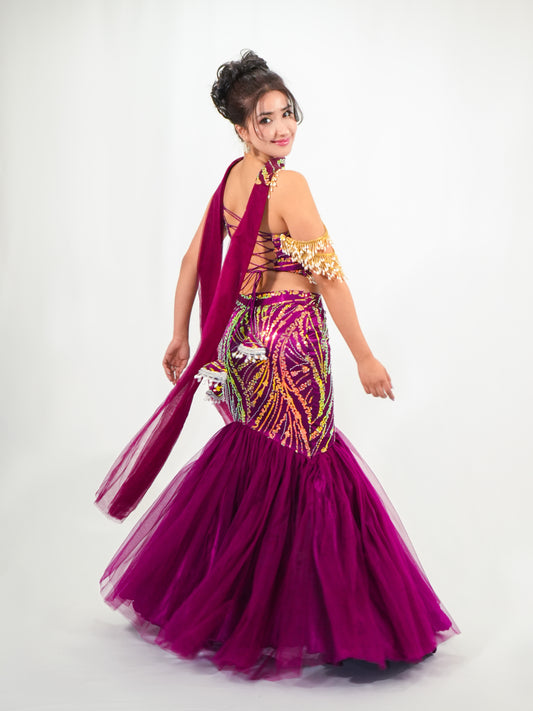 Plum Purple Mermaid Lehenga with Sequins & Cut Dana Embroidery Net Set image 2