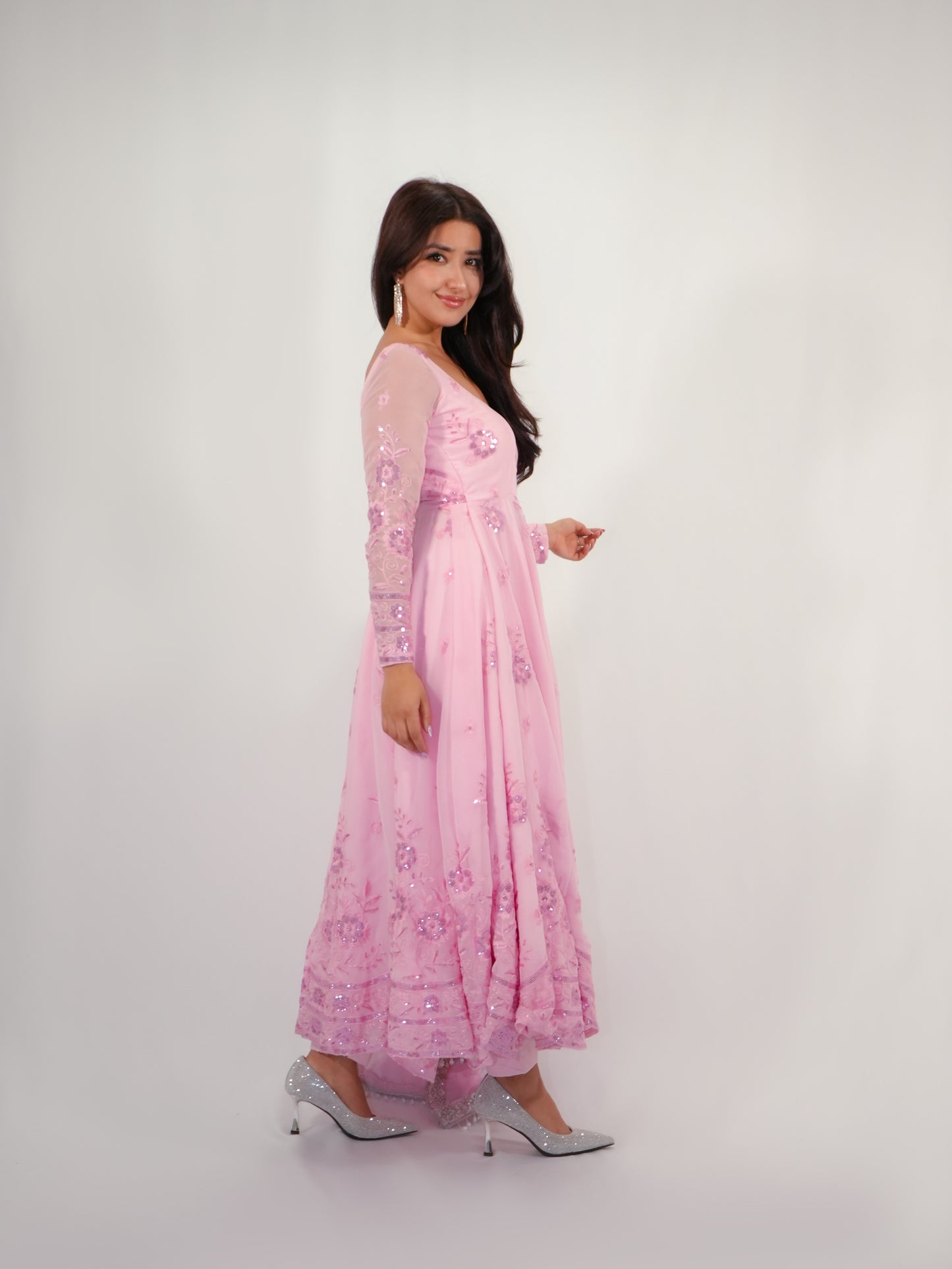 Pink Net Anarkali Suit with Floral Embroidery & Dupatta Party Wear Set