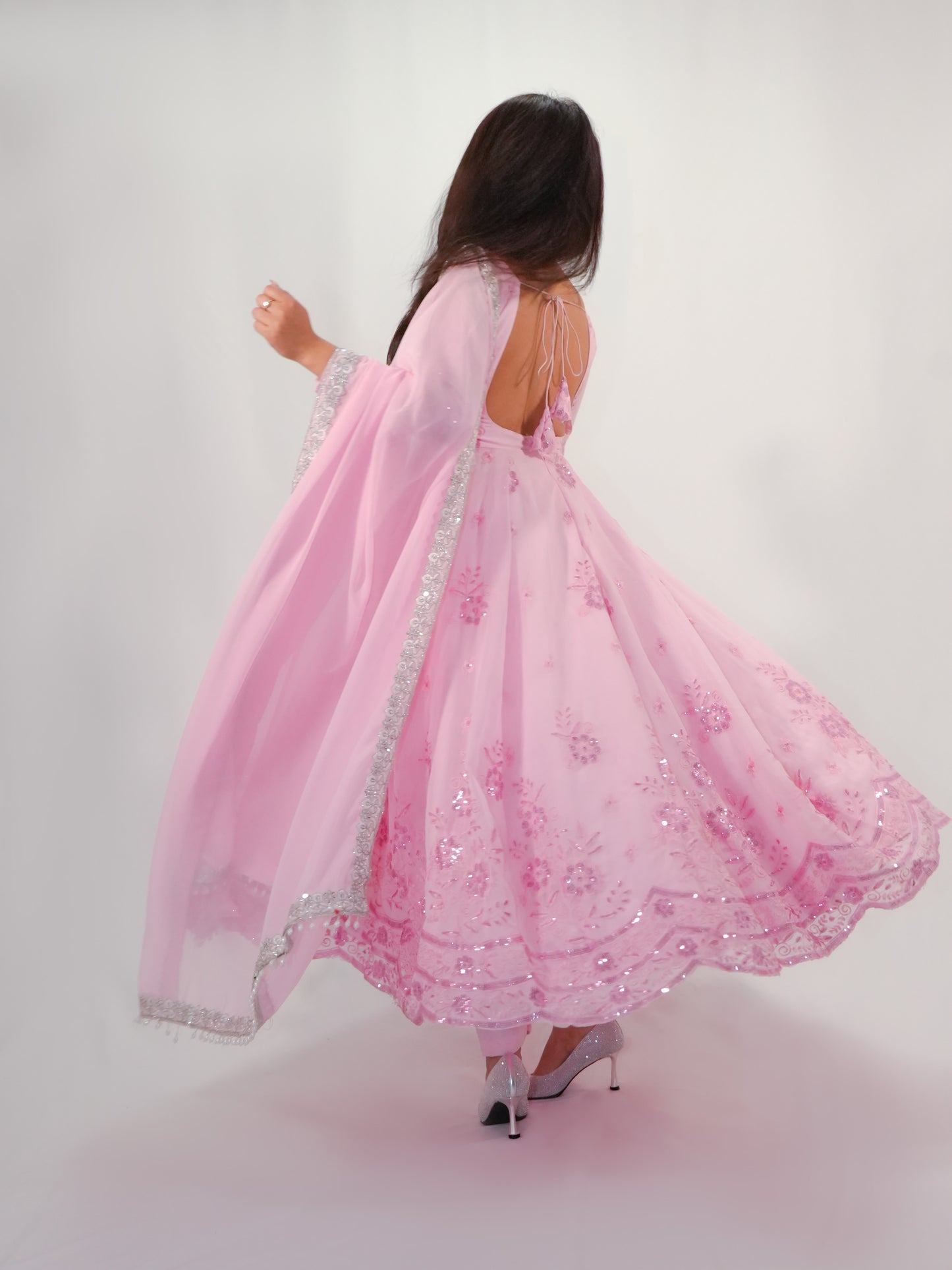 Pink Net Anarkali Suit with Floral Embroidery & Dupatta Party Wear Set