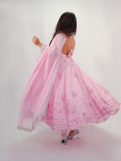 Pink Net Anarkali Suit with Floral Embroidery & Dupatta Party Wear Set