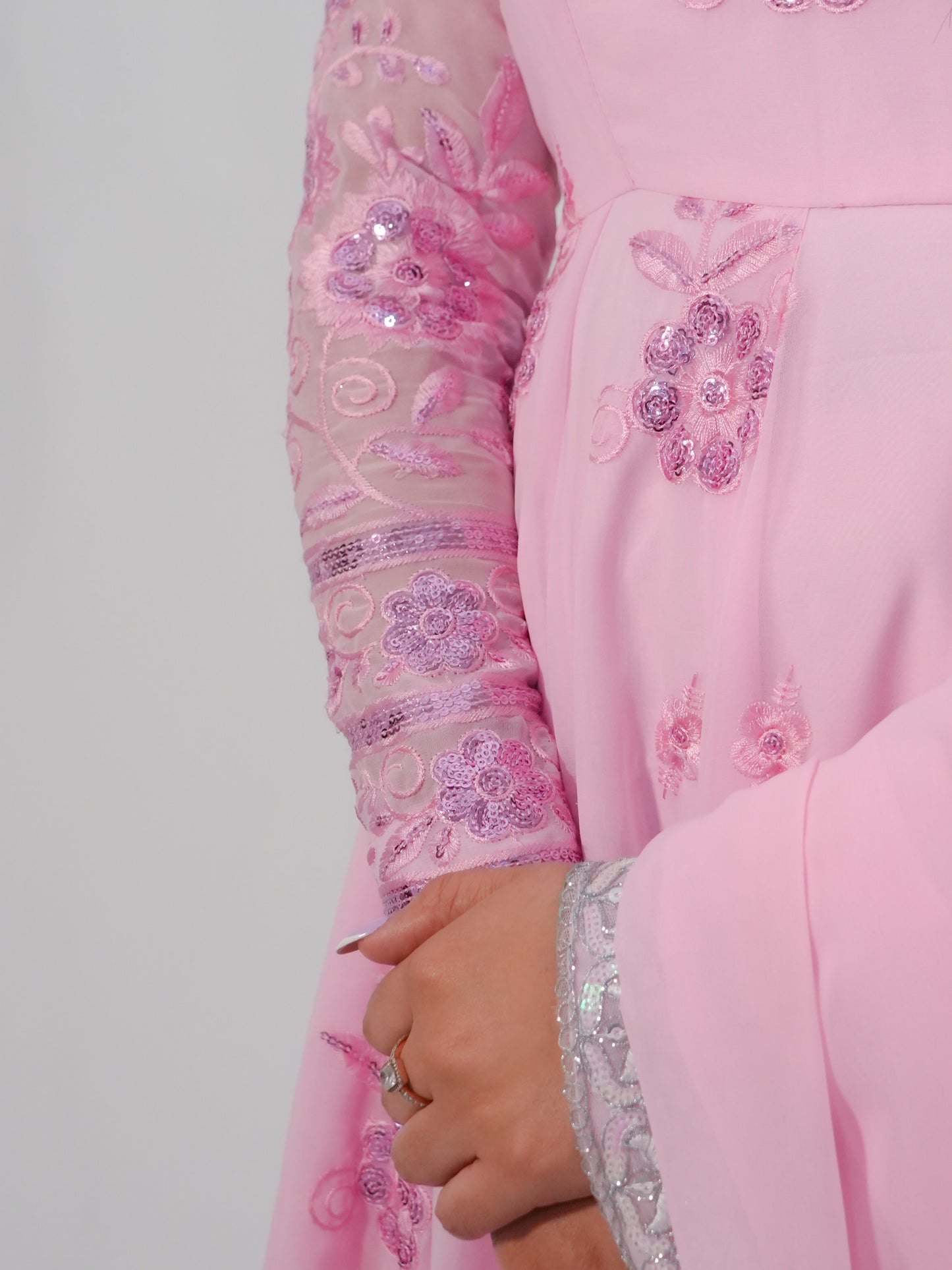 Pink Net Anarkali Suit with Floral Embroidery & Dupatta Party Wear Set