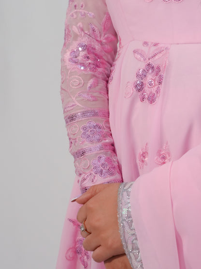 Pink Net Anarkali Suit with Floral Embroidery & Dupatta Party Wear Set