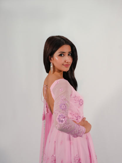 Pink Net Anarkali Suit with Floral Embroidery & Dupatta Party Wear Set