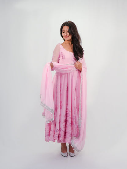 Pink Net Anarkali Suit with Floral Embroidery & Dupatta Party Wear Set