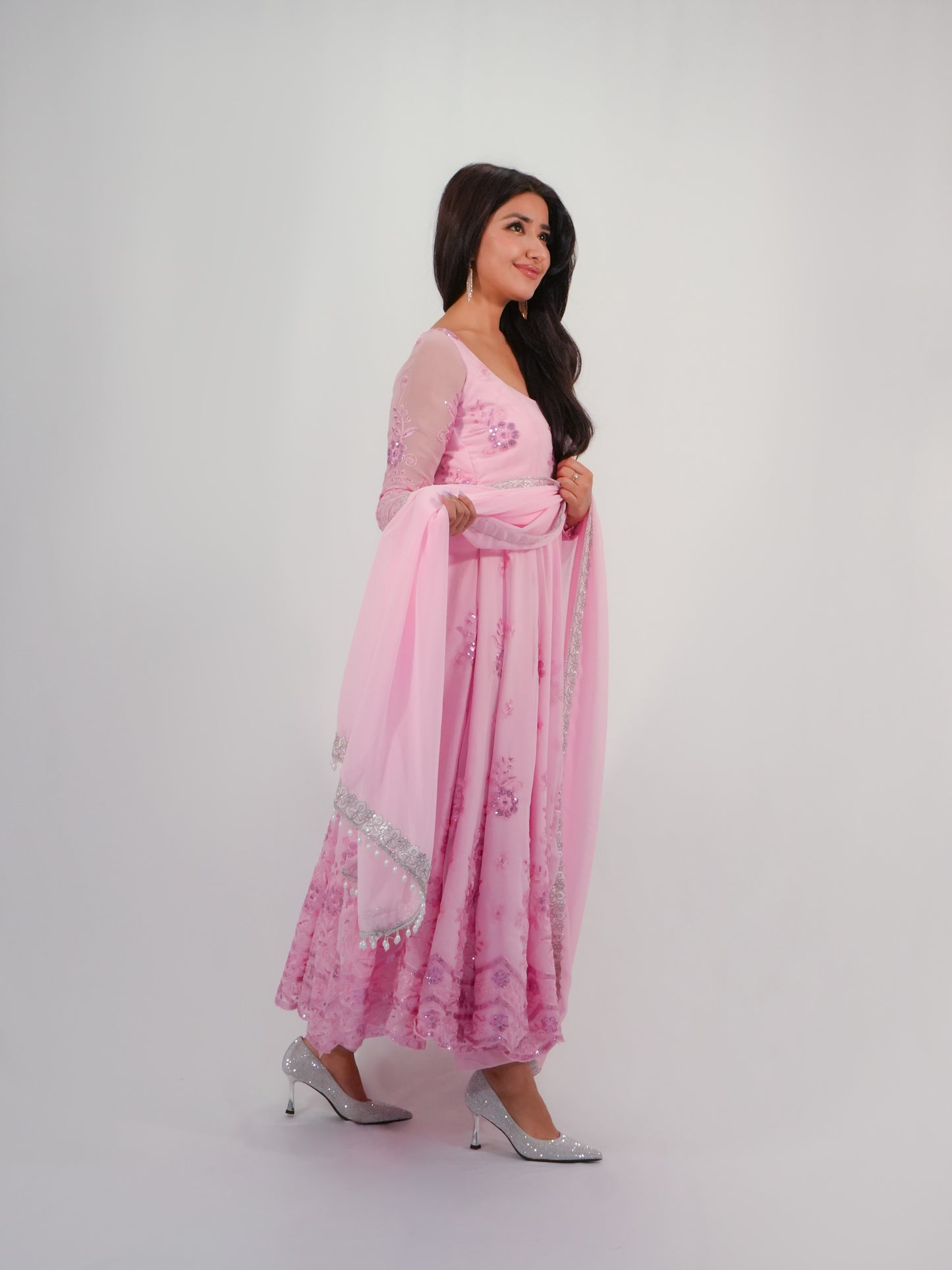 Pink Net Anarkali Suit with Floral Embroidery & Dupatta Party Wear Set