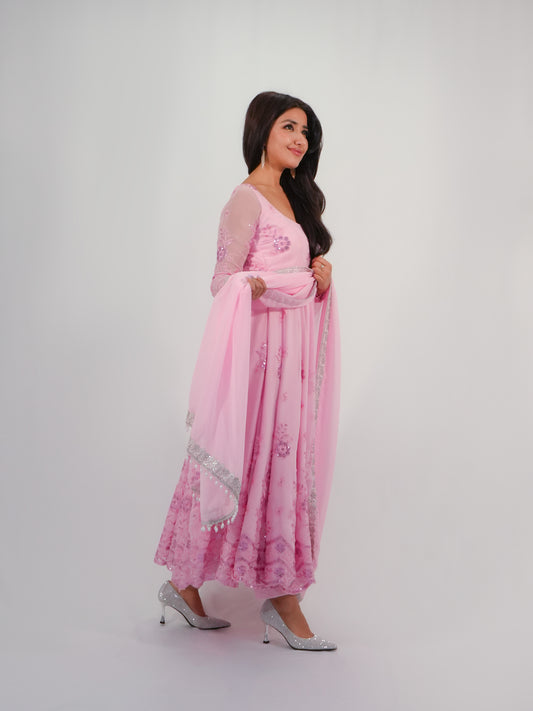 Pink Net Anarkali Suit with Floral Embroidery & Dupatta Party Wear Set image 2