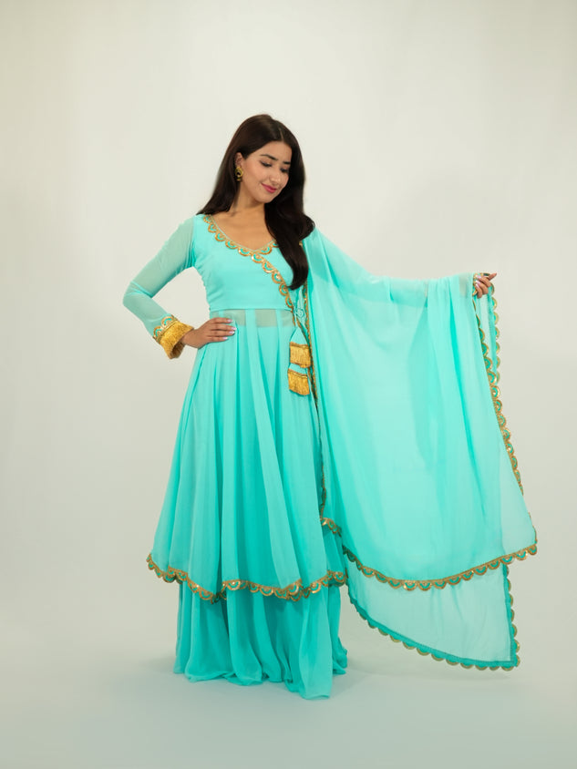 Aqua Blue Chiffon Anarkali Suit with Dupatta & Golden Lace Work Set