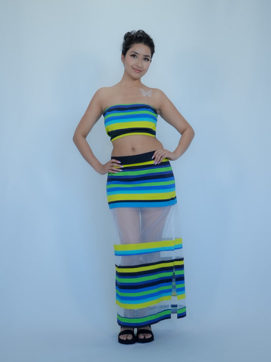 Karishma Kapoor Inspired Striped Co-Ord Set with Sheer Skirt | Bollywood Tube Top Outfit for Women | Inspired by song “Pyar Dilo Ka Mela Hai.” image 3