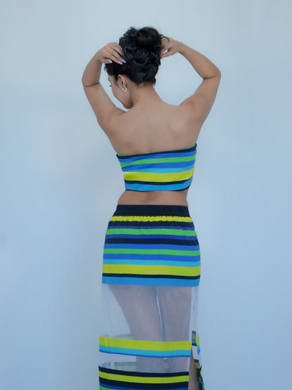 Karishma Kapoor Inspired Striped Co-Ord Set with Sheer Skirt | Bollywood Tube Top Outfit for Women | Inspired by song “Pyar Dilo Ka Mela Hai.”
