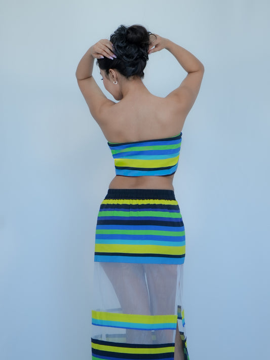 Karishma Kapoor Inspired Striped Co-Ord Set with Sheer Skirt | Bollywood Tube Top Outfit for Women | Inspired by song “Pyar Dilo Ka Mela Hai.” image 2