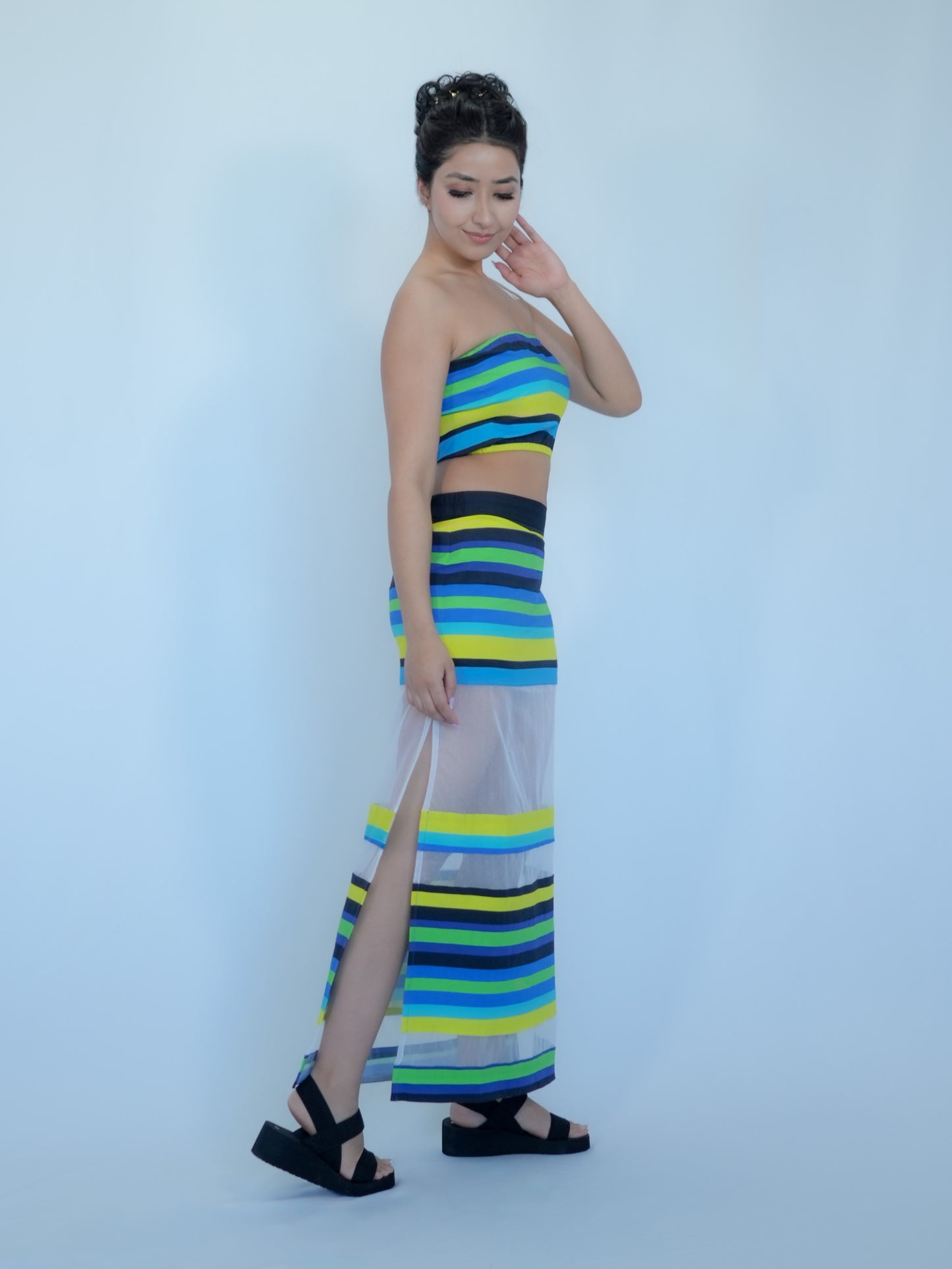 Karishma Kapoor Inspired Striped Co-Ord Set with Sheer Skirt | Bollywood Tube Top Outfit for Women | Inspired by song “Pyar Dilo Ka Mela Hai.”